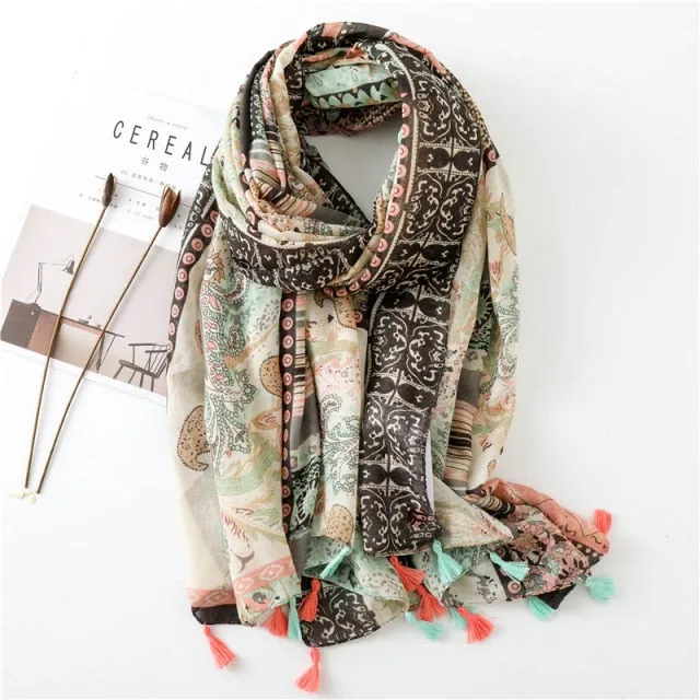 Flower Tassel Edge Beach Wrap Pashmina Scarf