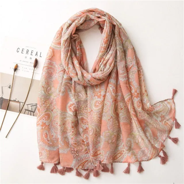 Flower Tassel Edge Beach Wrap Pashmina Scarf