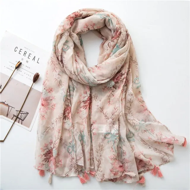 Flower Tassel Edge Beach Wrap Pashmina Scarf