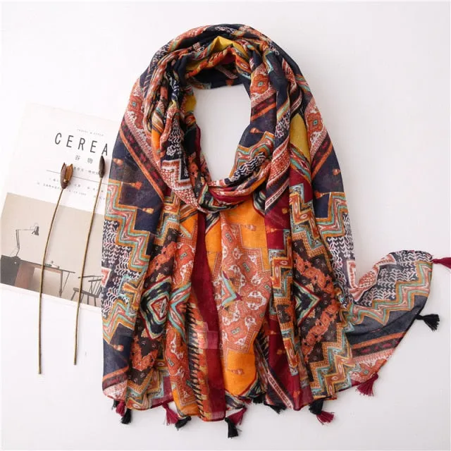 Flower Tassel Edge Beach Wrap Pashmina Scarf