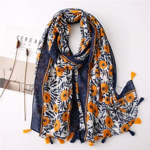 Flower Tassel Edge Beach Wrap Pashmina Scarf