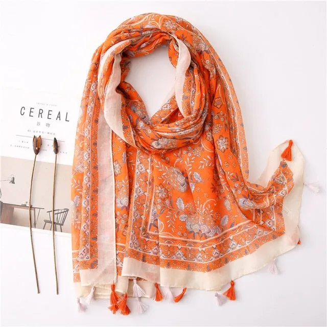 Flower Tassel Edge Beach Wrap Pashmina Scarf