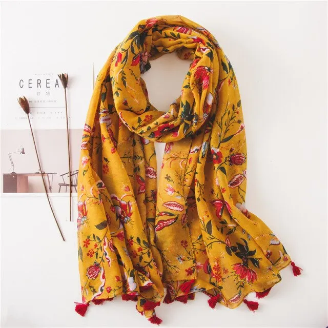 Flower Tassel Edge Beach Wrap Pashmina Scarf