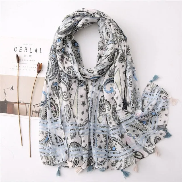 Flower Tassel Edge Beach Wrap Pashmina Scarf