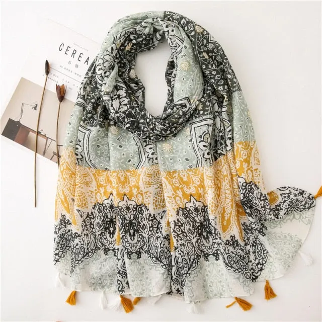 Flower Tassel Edge Beach Wrap Pashmina Scarf