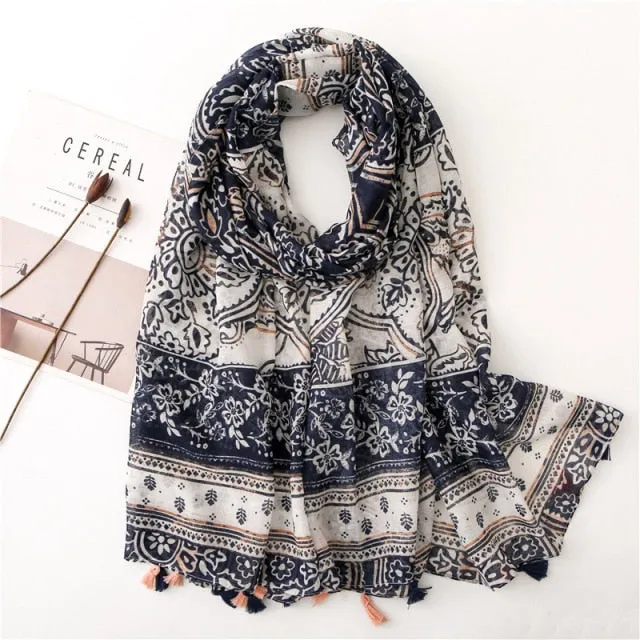 Flower Tassel Edge Beach Wrap Pashmina Scarf