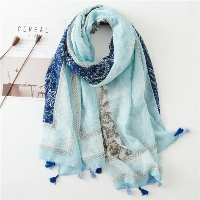 Flower Tassel Edge Beach Wrap Pashmina Scarf