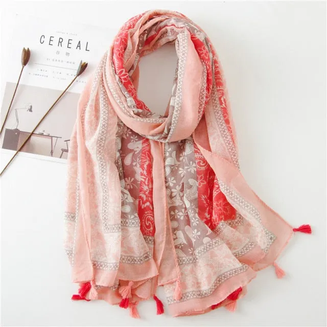 Flower Tassel Edge Beach Wrap Pashmina Scarf