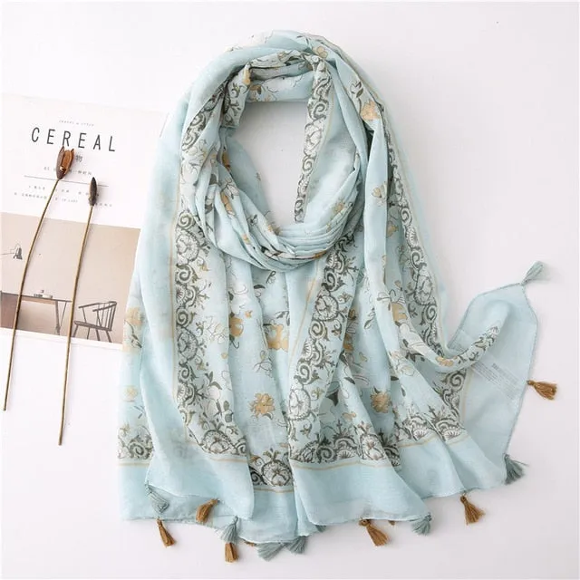 Flower Tassel Edge Beach Wrap Pashmina Scarf