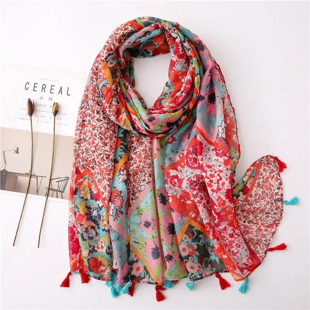 Flower Tassel Edge Beach Wrap Pashmina Scarf