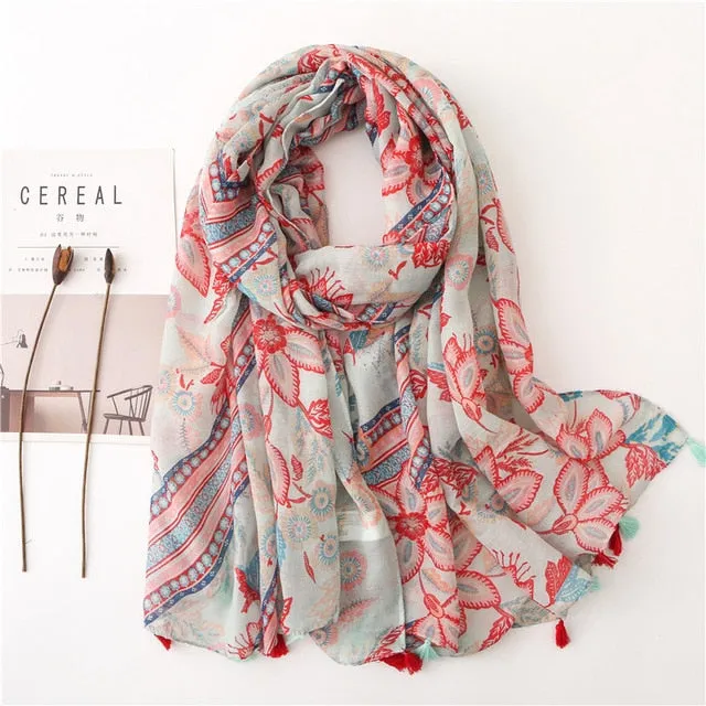 Flower Tassel Edge Beach Wrap Pashmina Scarf