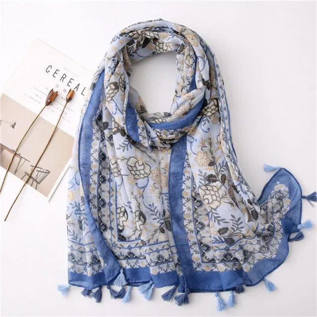 Flower Tassel Edge Beach Wrap Pashmina Scarf