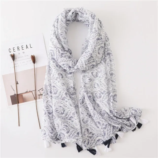 Flower Tassel Edge Beach Wrap Pashmina Scarf