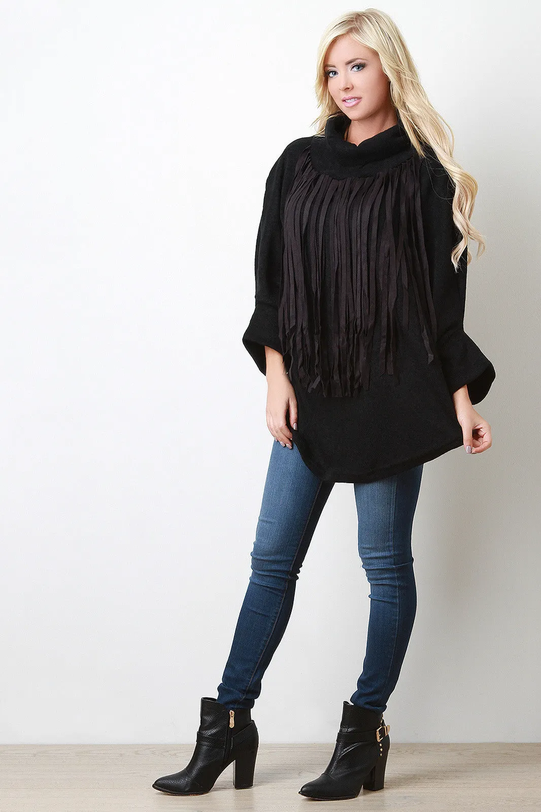 Fringe Turtleneck Round Hem Poncho Sweater