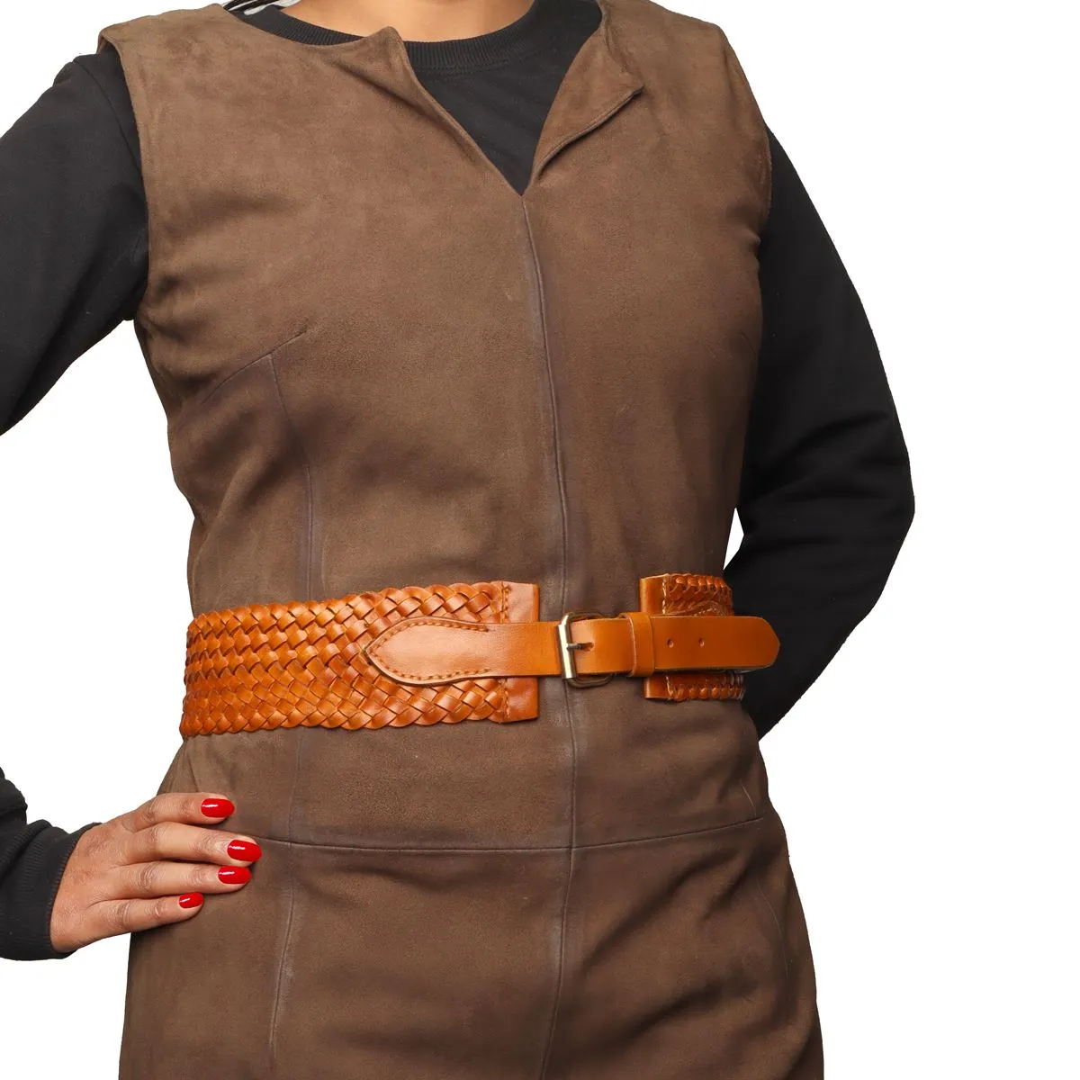 Full Hand Weaved Detailing Corset Tan Leather Buckled Belt By Brune & Bareskin