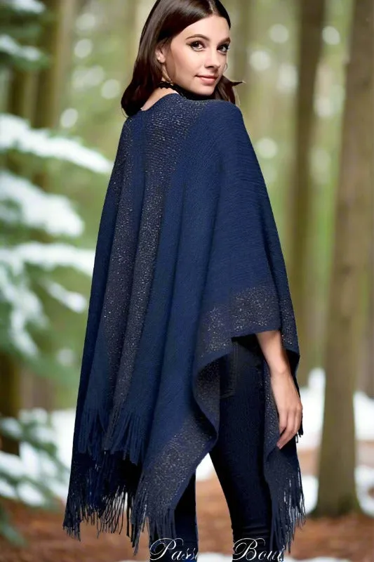 Gee Gee Knit Winter Border Fringe Kimono - Navy