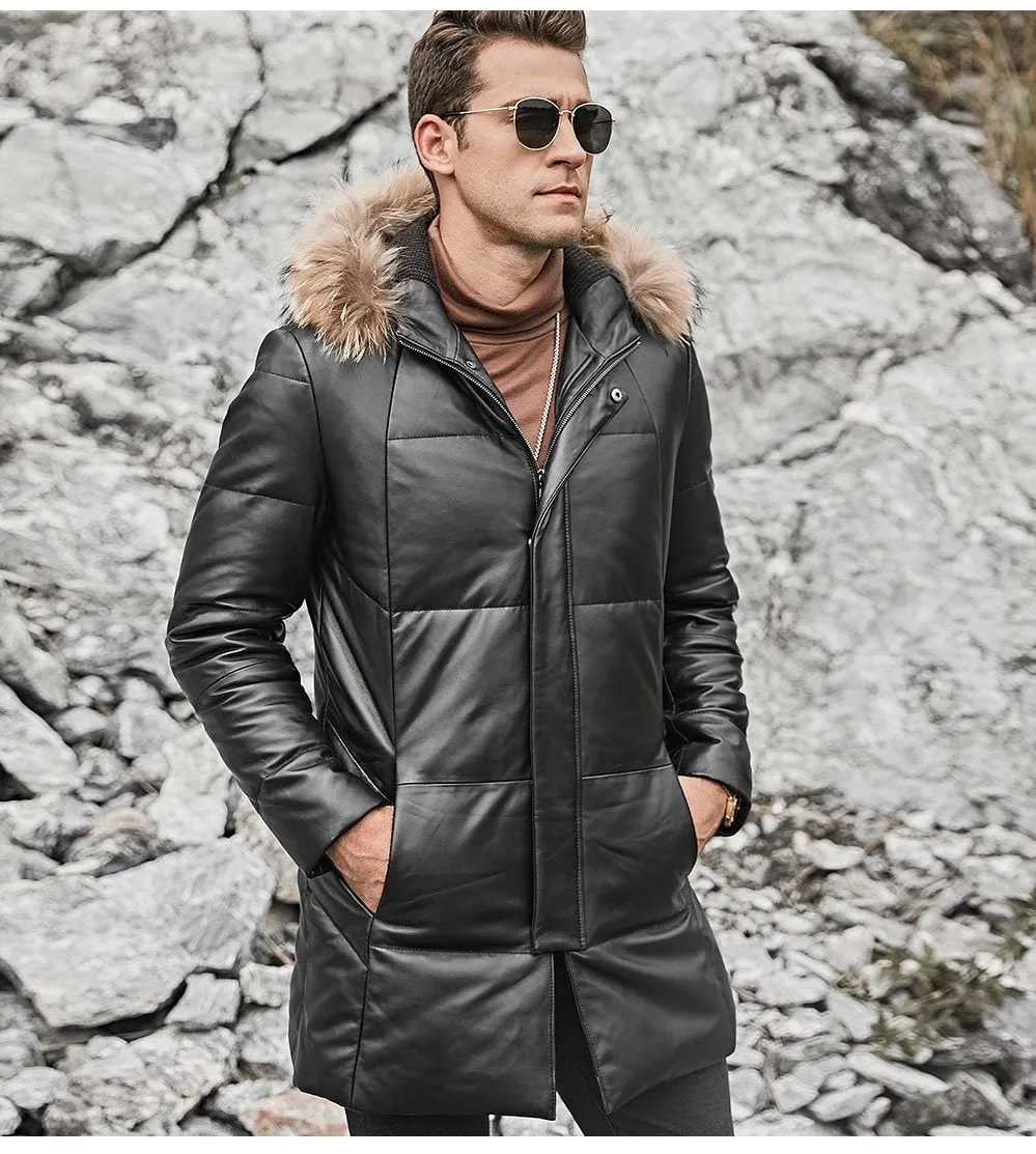 Genuine Leather Long Down Coat Real Fur Parka