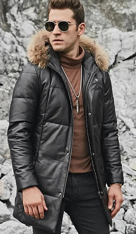 Genuine Leather Long Down Coat Real Fur Parka