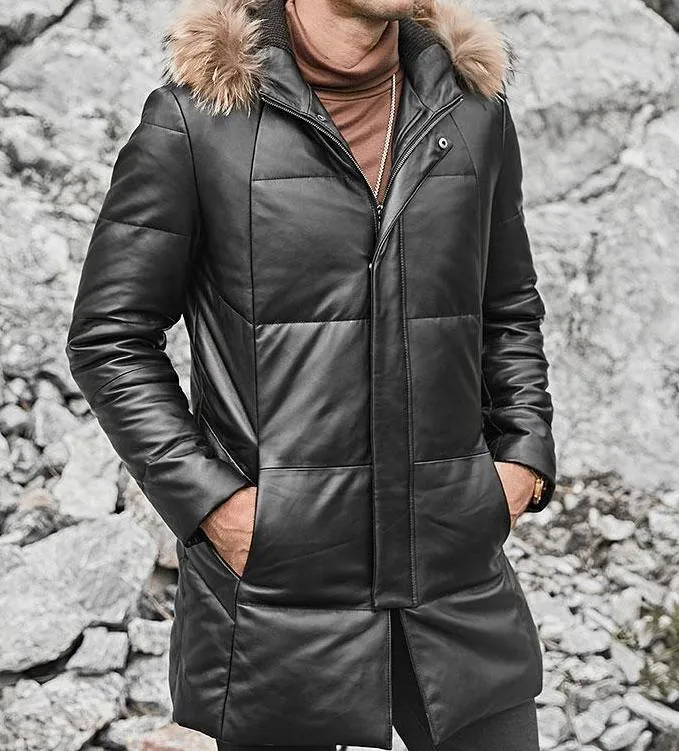 Genuine Leather Long Down Coat Real Fur Parka