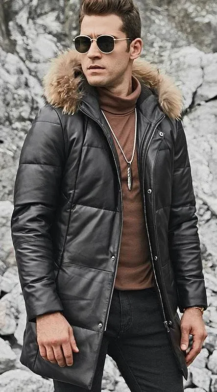 Genuine Leather Long Down Coat Real Fur Parka