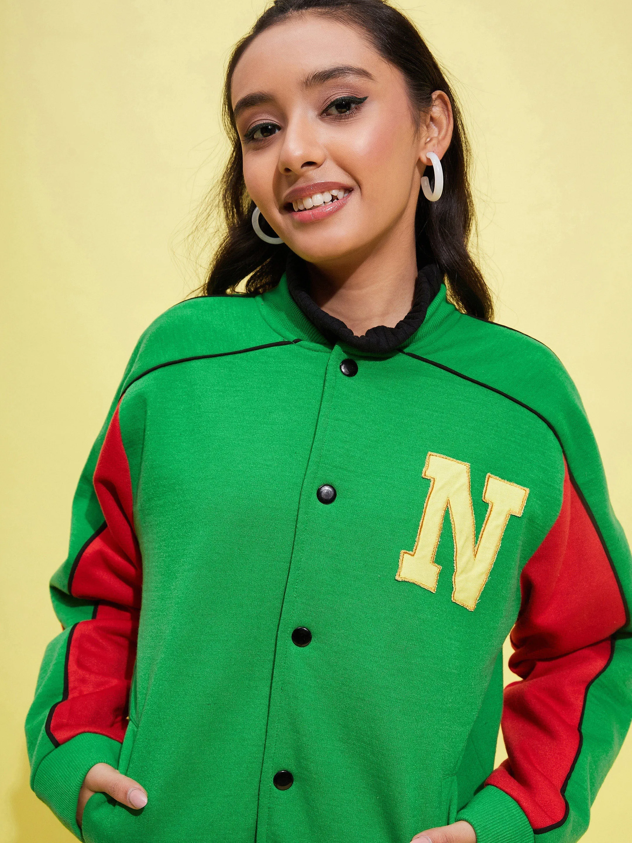 Girls Green Fleece Alphabet Varsity Jacket