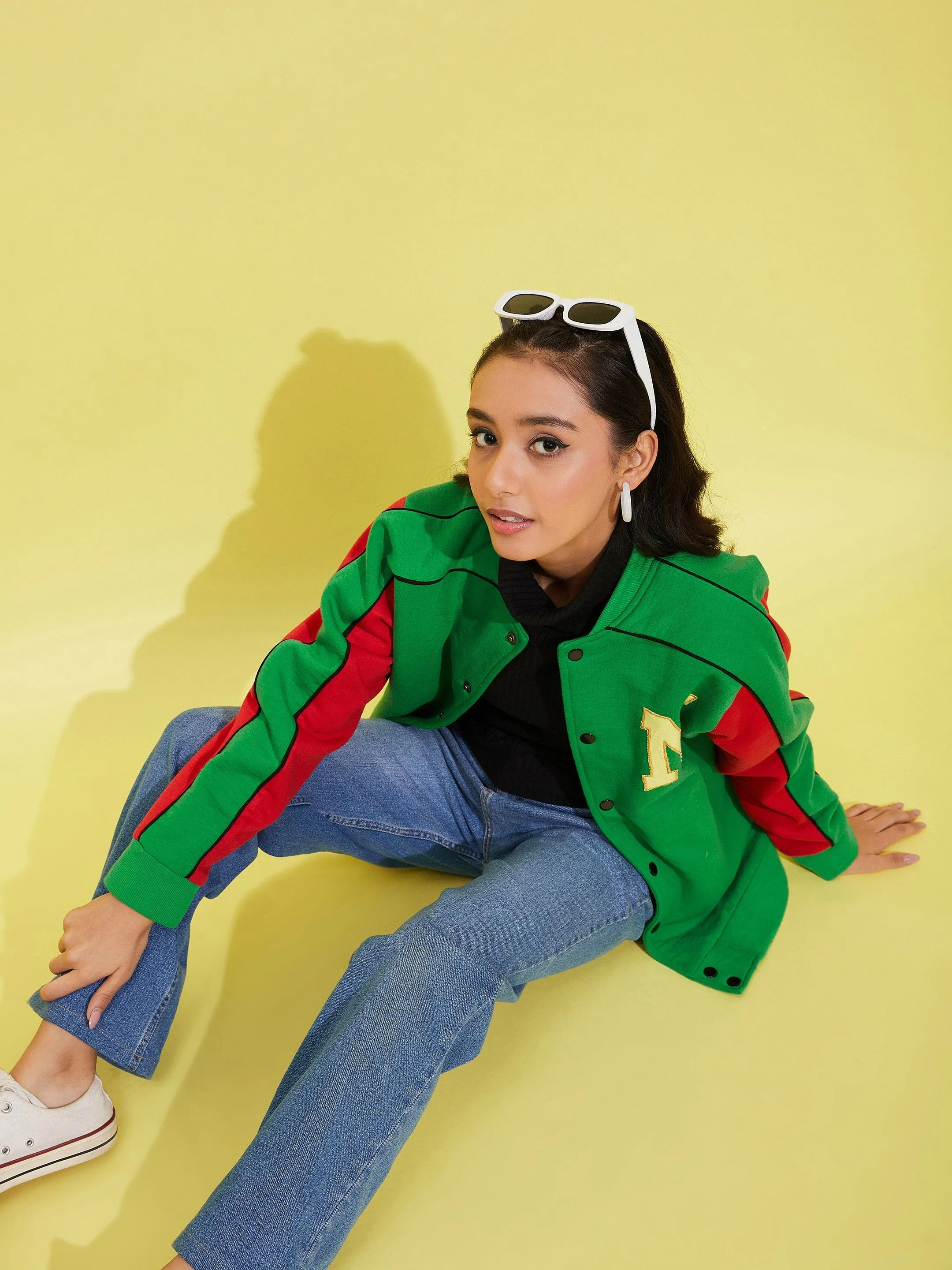 Girls Green Fleece Alphabet Varsity Jacket