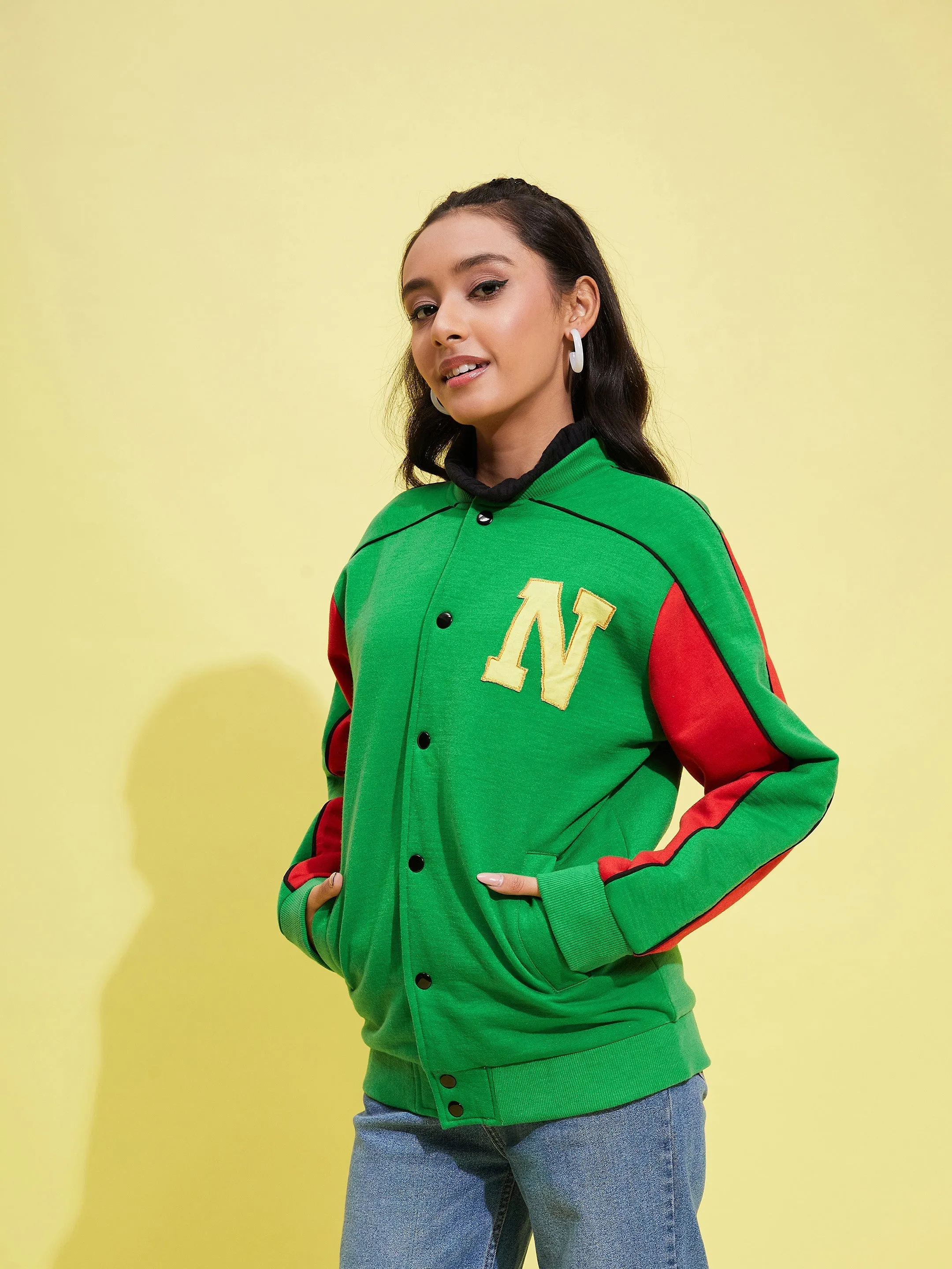 Girls Green Fleece Alphabet Varsity Jacket