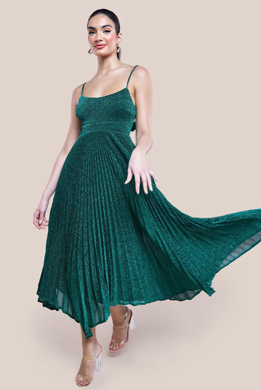 Goddiva Tie Back Pleated Lurex Skater Midi Dress - Emerald