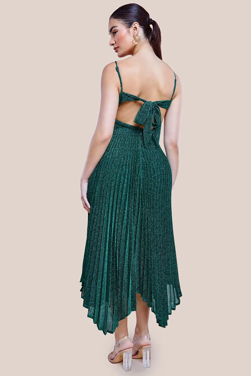 Goddiva Tie Back Pleated Lurex Skater Midi Dress - Emerald