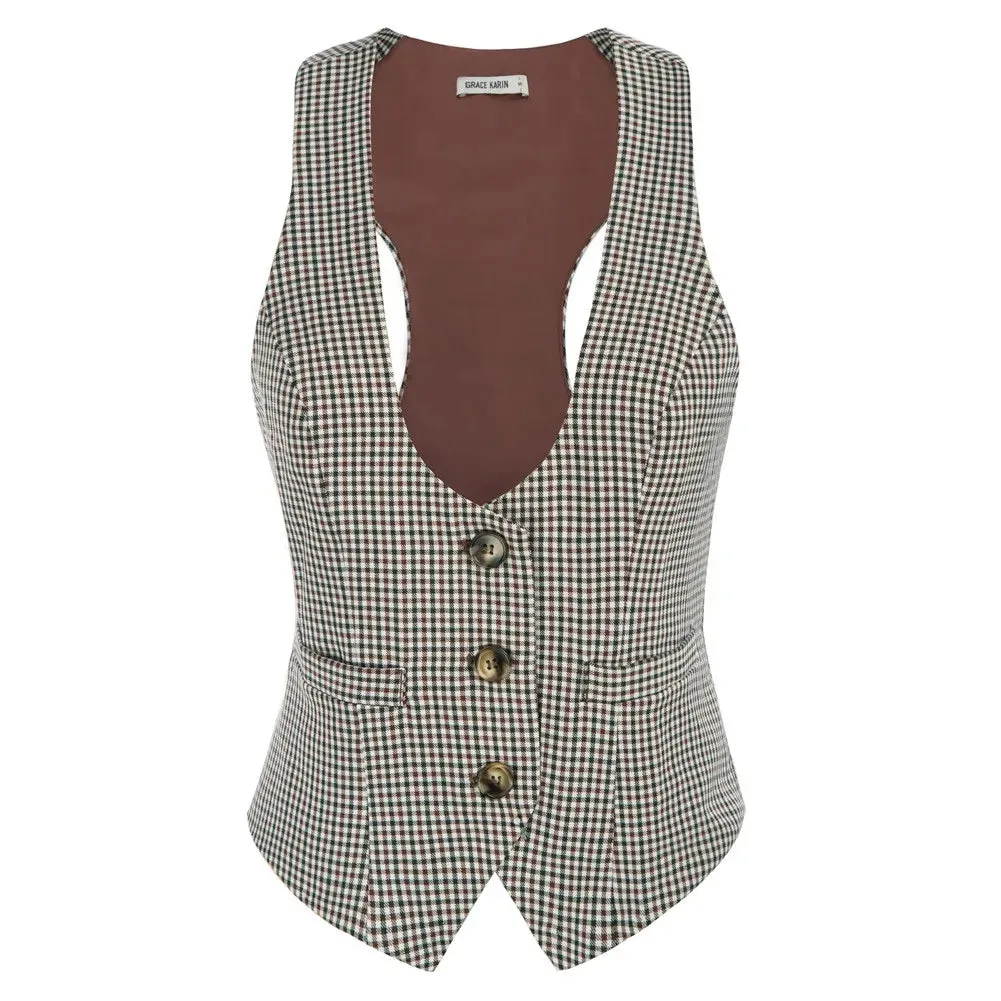 GRACE KARIN Womens Waistcoat Vest Vintage Steampunk Dress Elegant Jacquard Jacket V-Neck Handkerchief Hem Plaided Waistcoat A3