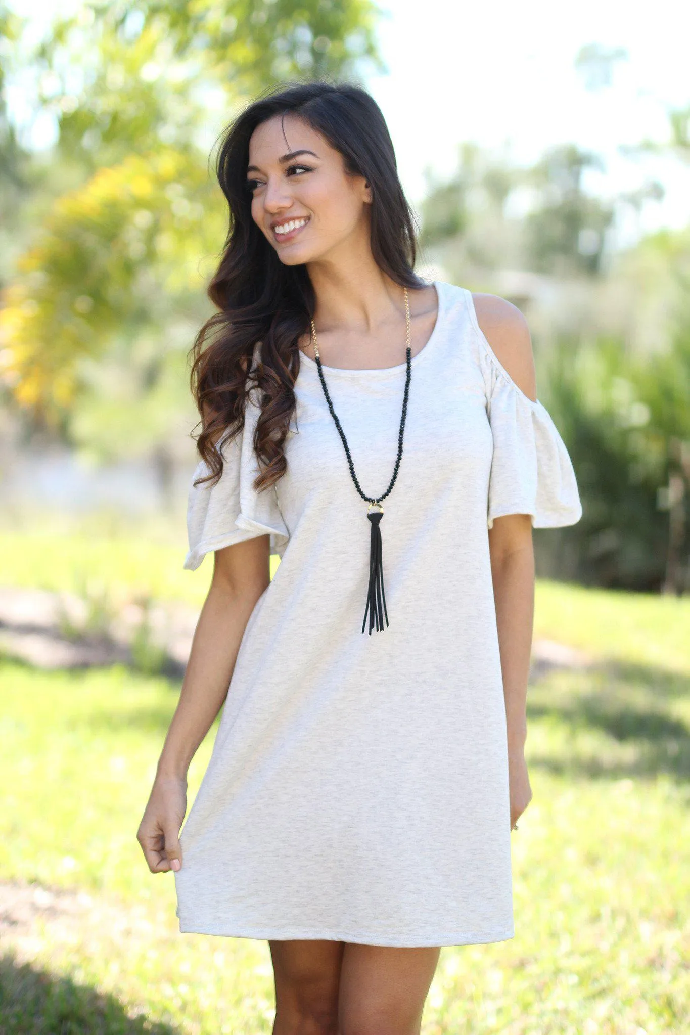 Gray Open Shoulder Ruffle Sleeves Tunic