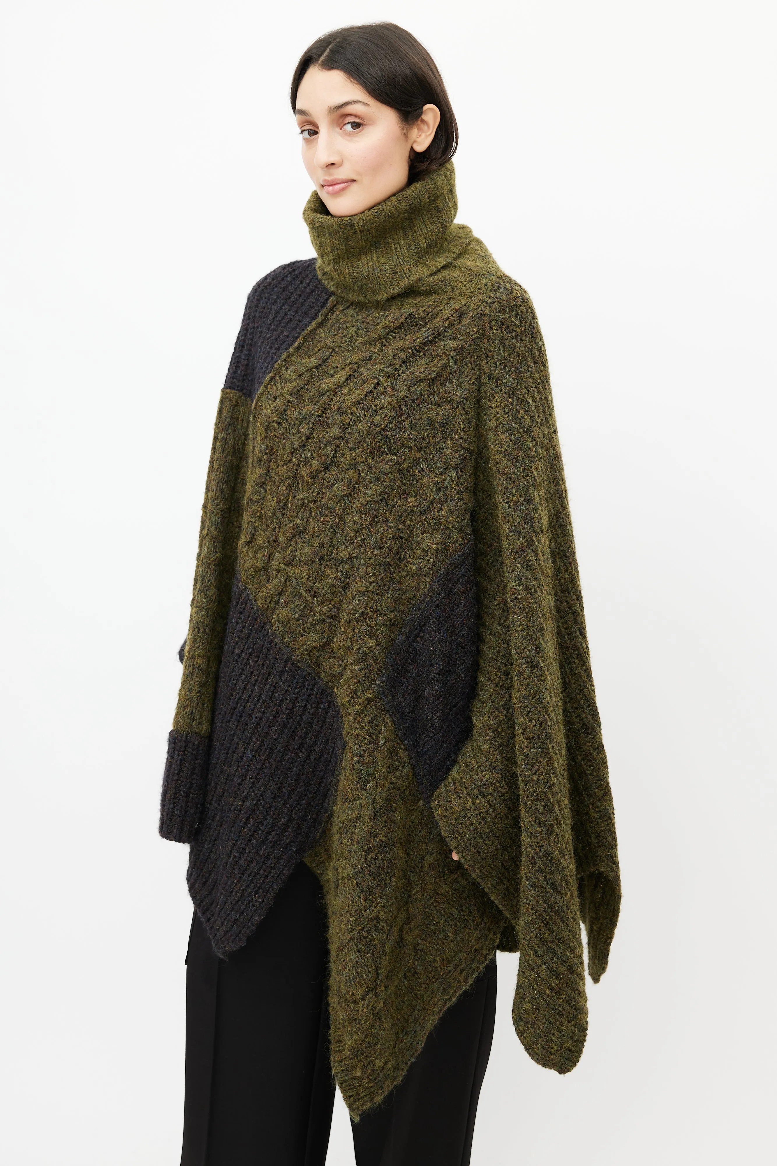 Green & Navy Wool Knit Sweater Cape