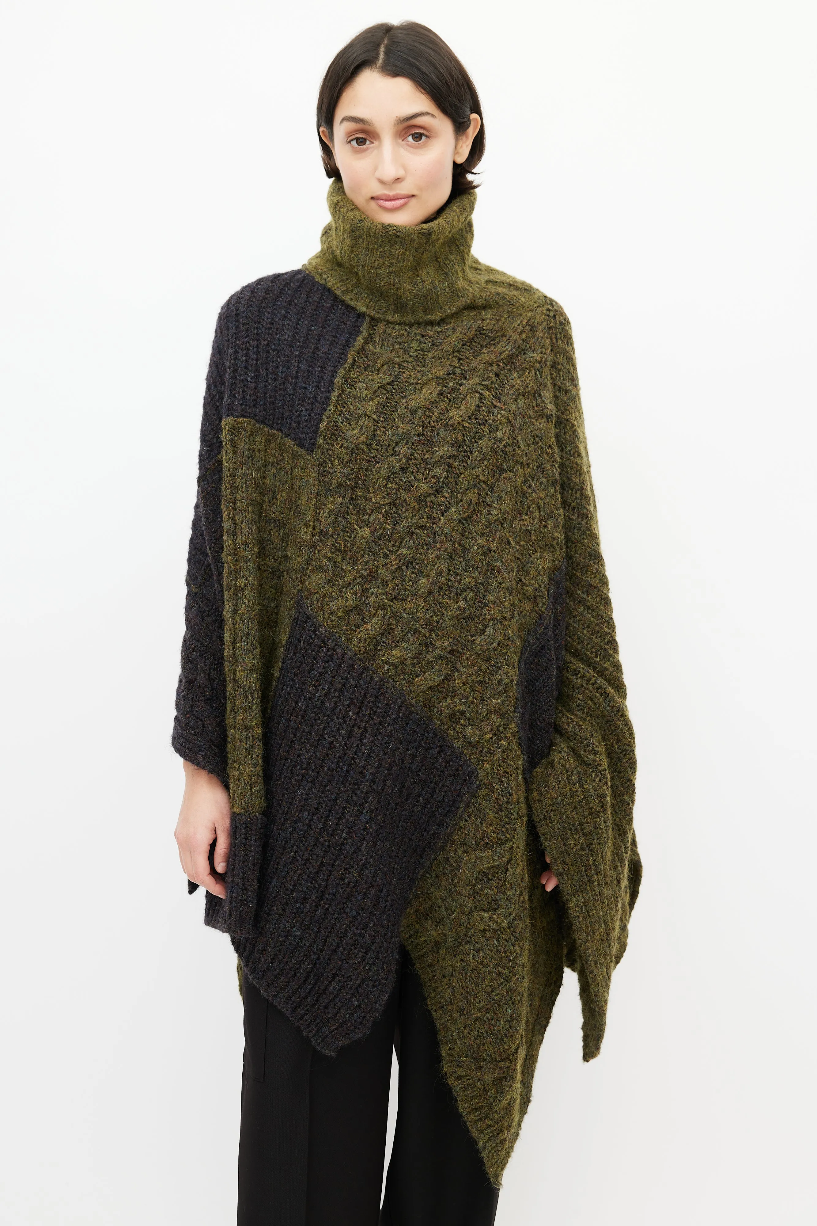 Green & Navy Wool Knit Sweater Cape