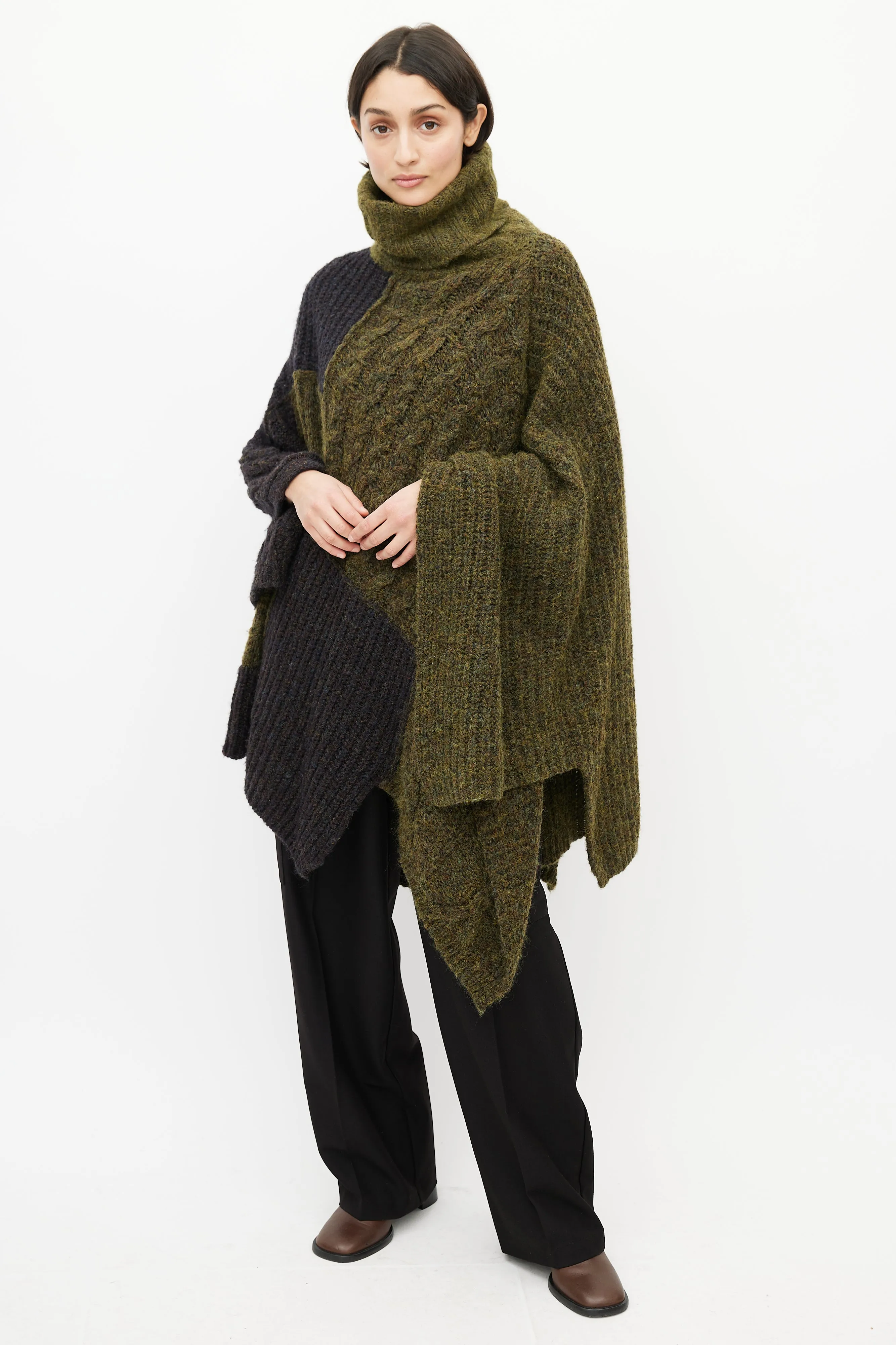 Green & Navy Wool Knit Sweater Cape