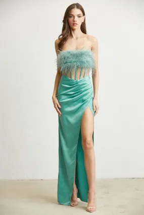 Green Feather Trim Corset Satin Dress