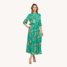 Green Floral Midi Pleated Dress