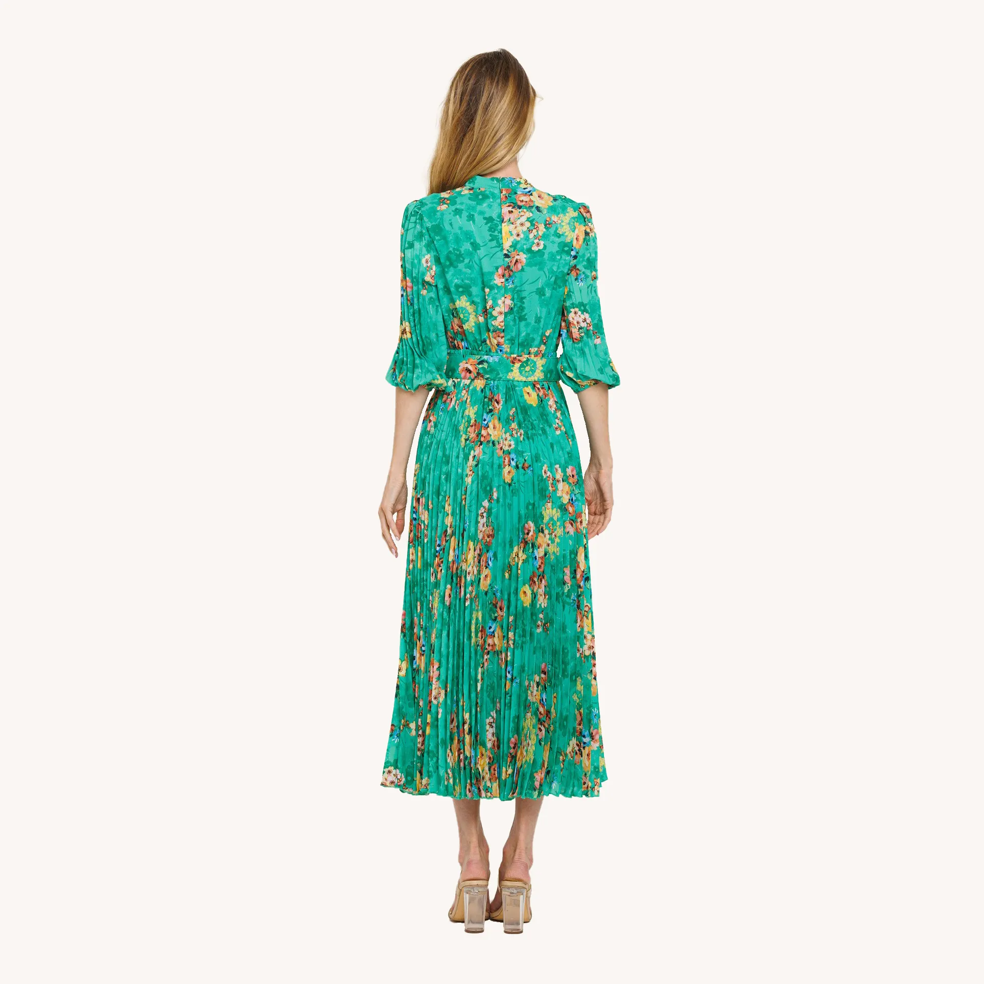 Green Floral Midi Pleated Dress