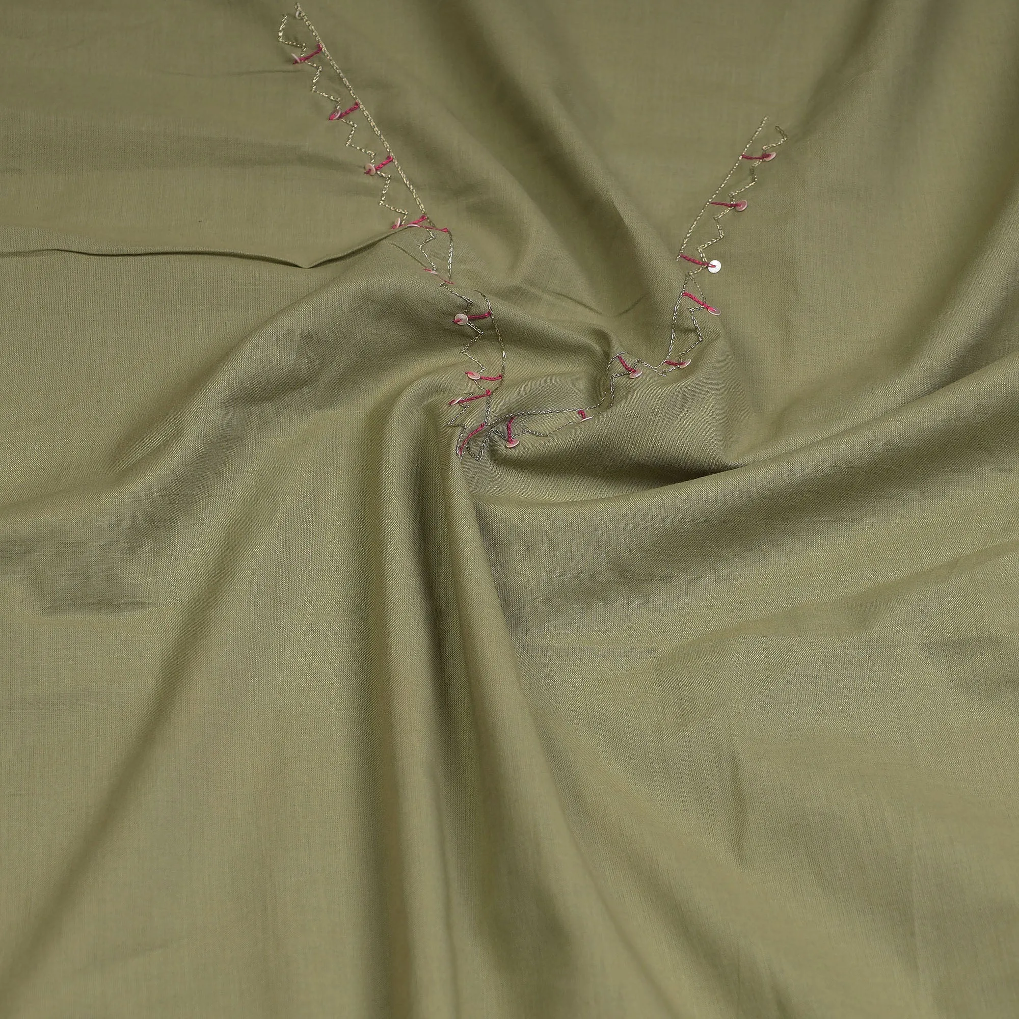 Green - Hand Embroidery Plain Cotton Kurta Material - 3 Meter