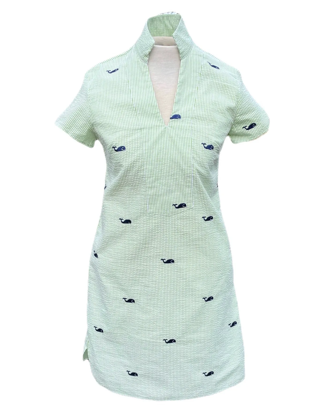 Green Seersucker Tunic Dress with Navy Embroidered Whales