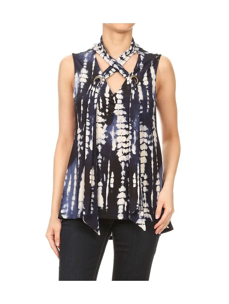 Grommet Detail Tie Dye Scarf Top,  Blue