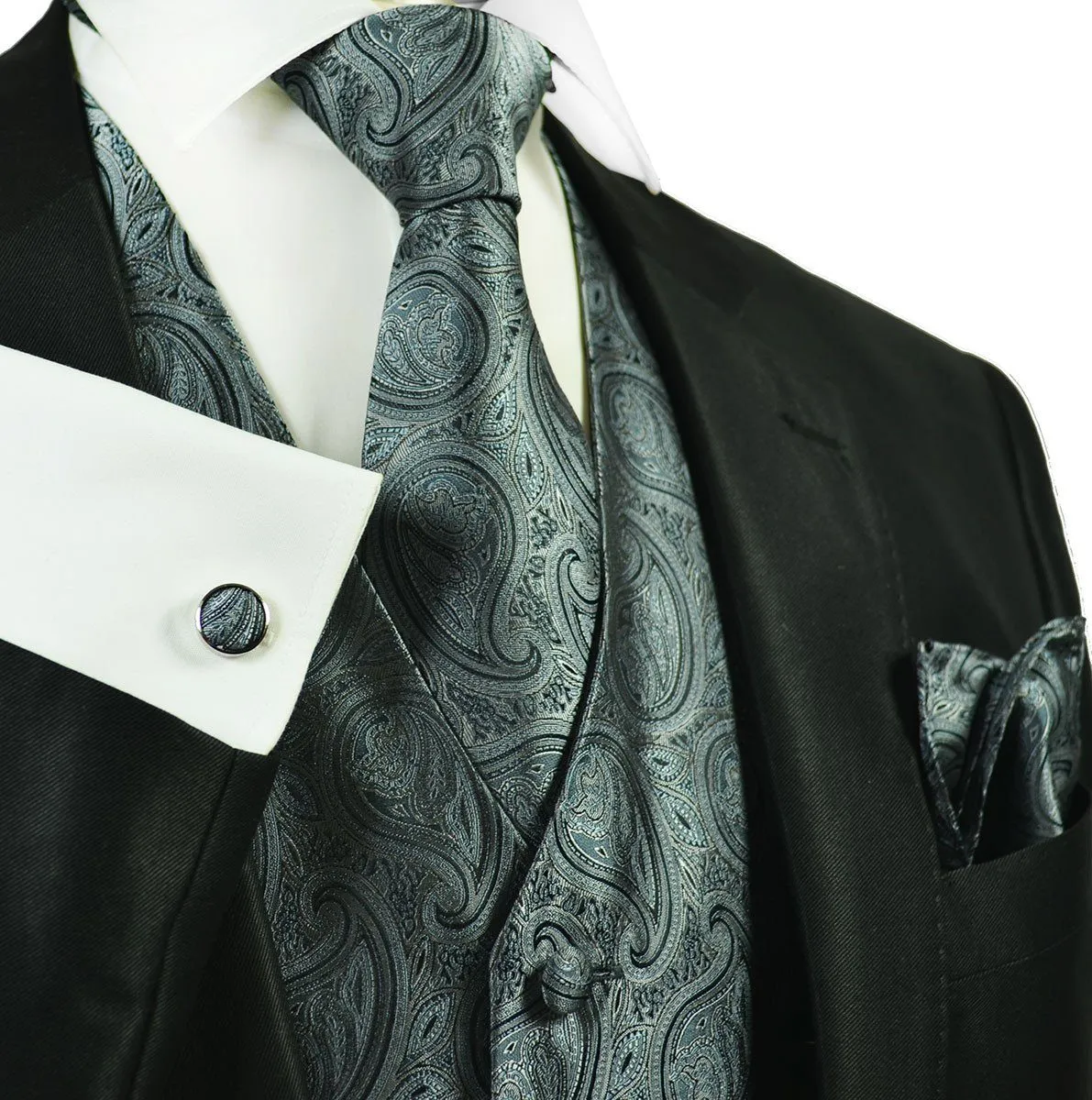 Gunmetal Grey Paisley Tuxedo Vest Set