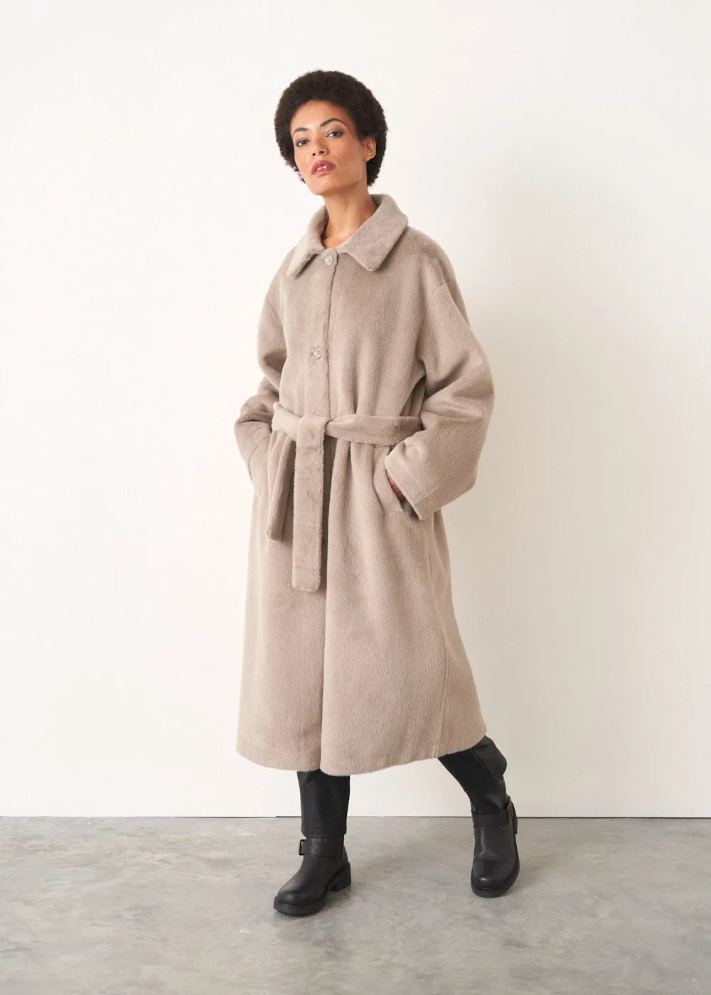 HARPER FAUX FUR COAT - GREIGE