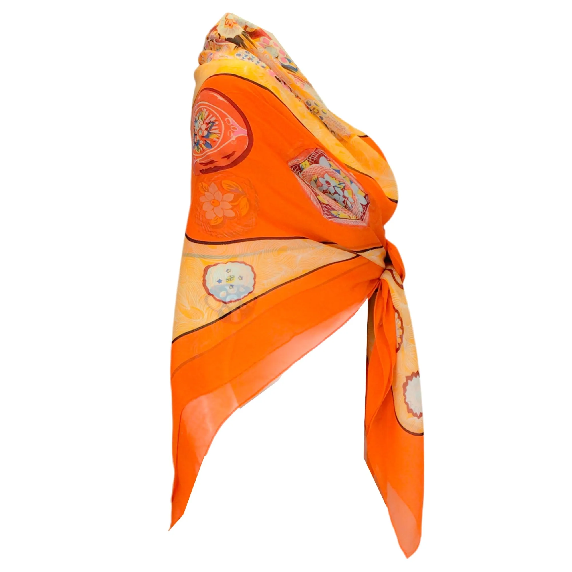 Hermes Orange Multi Sulfures Printed Large Square Shawl / Scarf / Wrap