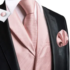 Hi-Tie Baby Pink Solid Silk Men's Collar Vest Hanky Cufflinks Tie Set