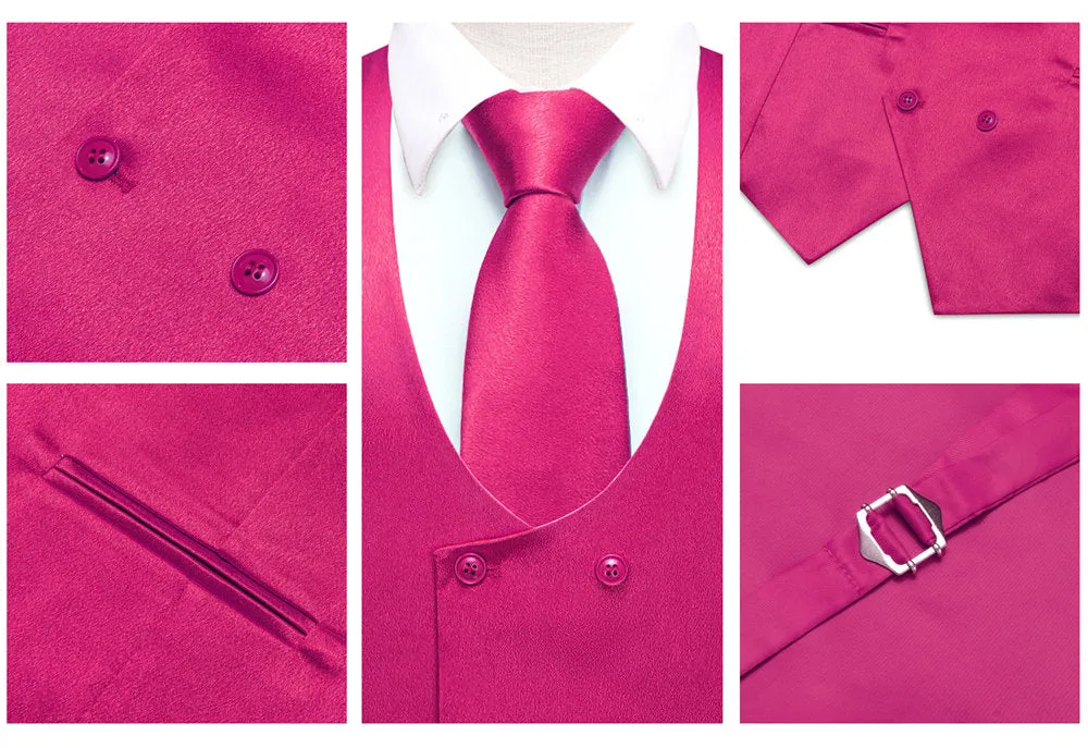 Hi-Tie Cerise Pink Solid U-Neck Double-Breasted Vest Necktie Bowtie Set