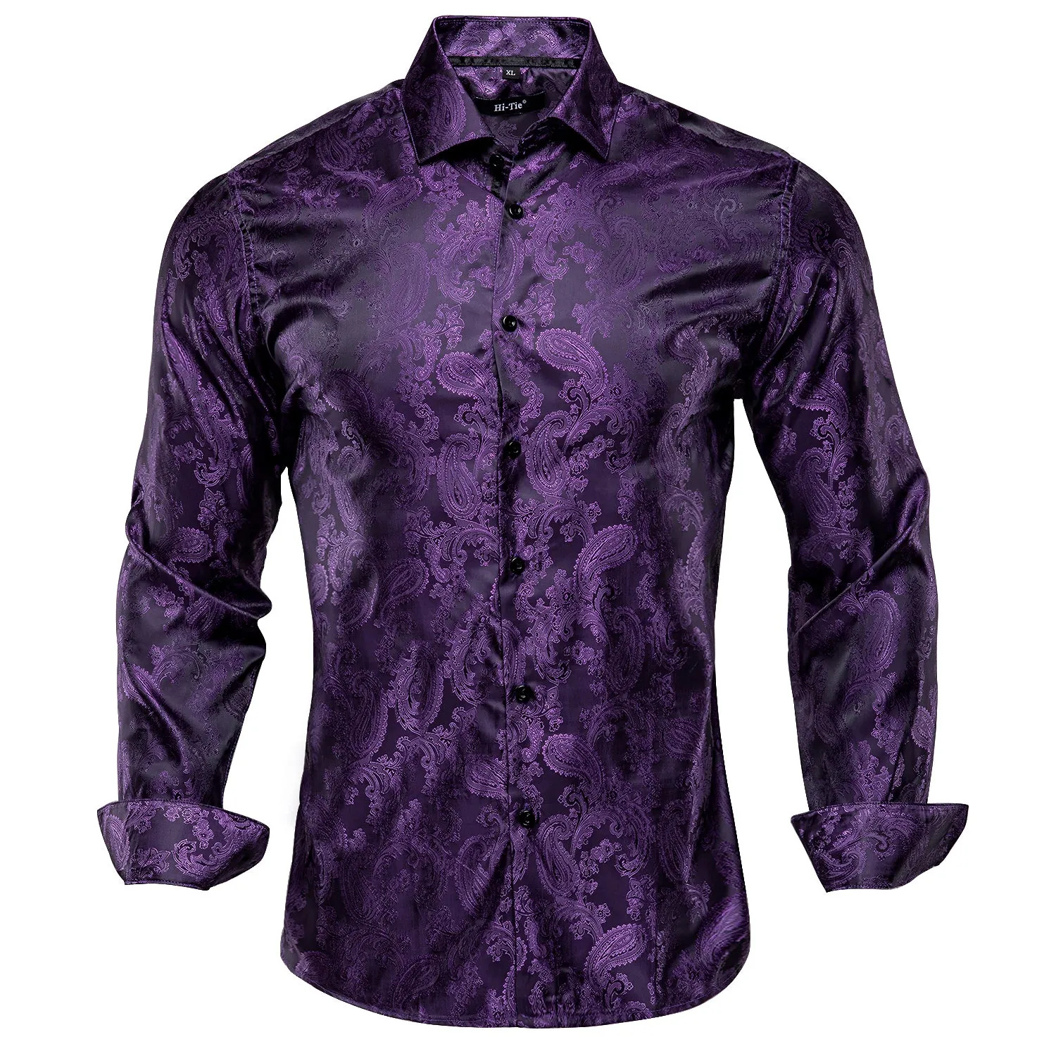 Hi-Tie Purple Top Black Purple Paisley Silk Men's Long Sleeve Shirt