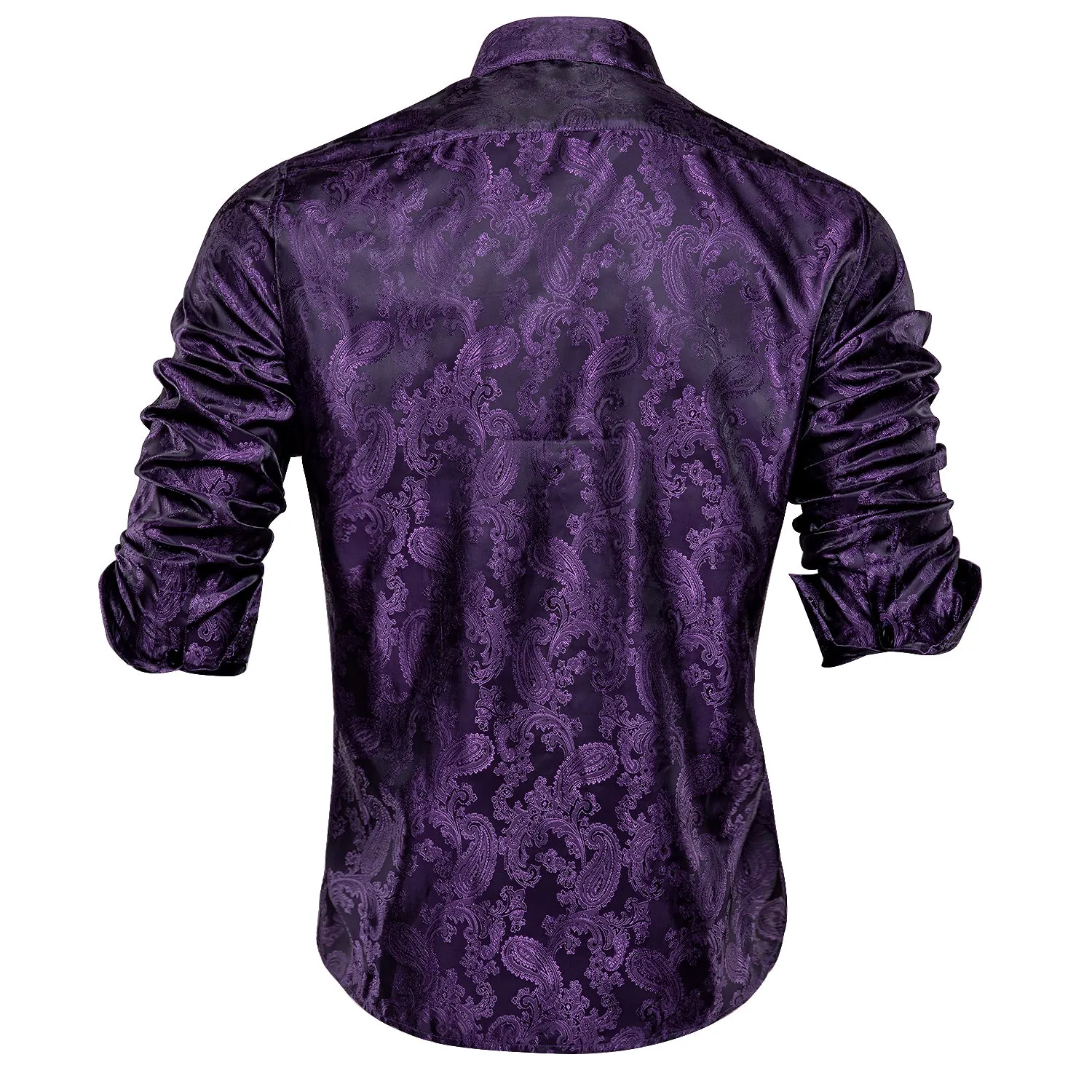 Hi-Tie Purple Top Black Purple Paisley Silk Men's Long Sleeve Shirt