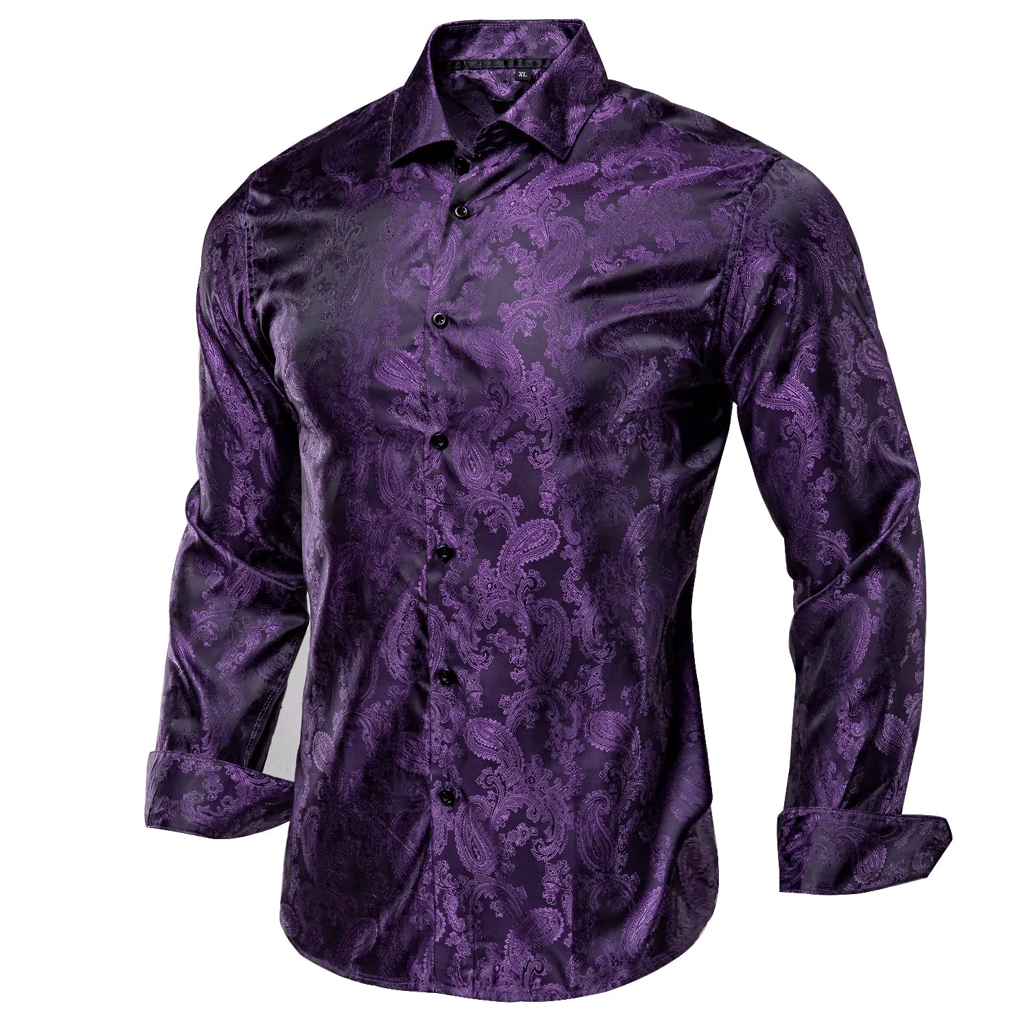 Hi-Tie Purple Top Black Purple Paisley Silk Men's Long Sleeve Shirt