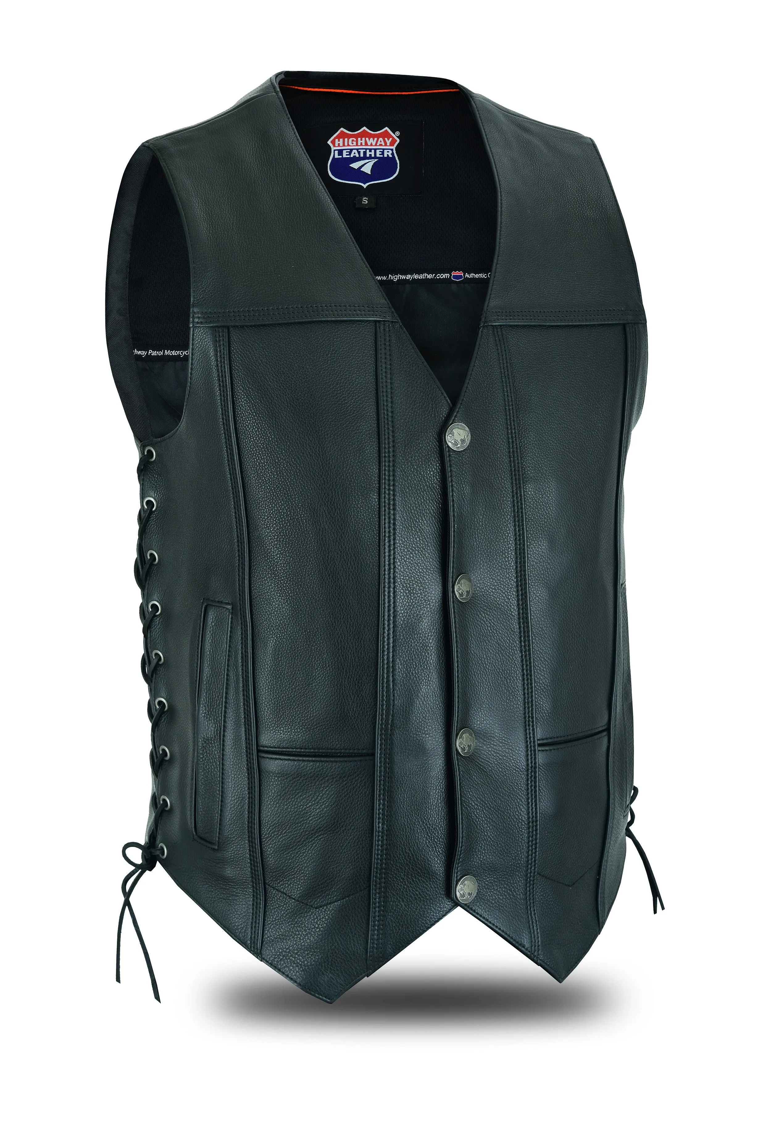 HL1018NKD Men Motorcycle Leather COVINGTON - Vest - Gun Pocket, Side Lace, Single panel back, Buffalo Nickle Snaps