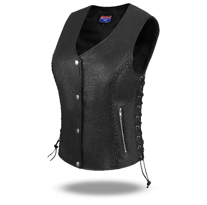 HL14856BRAIDED WOMEN BLACK VEST SIDE LACE M/O BUFFALO LEATHER